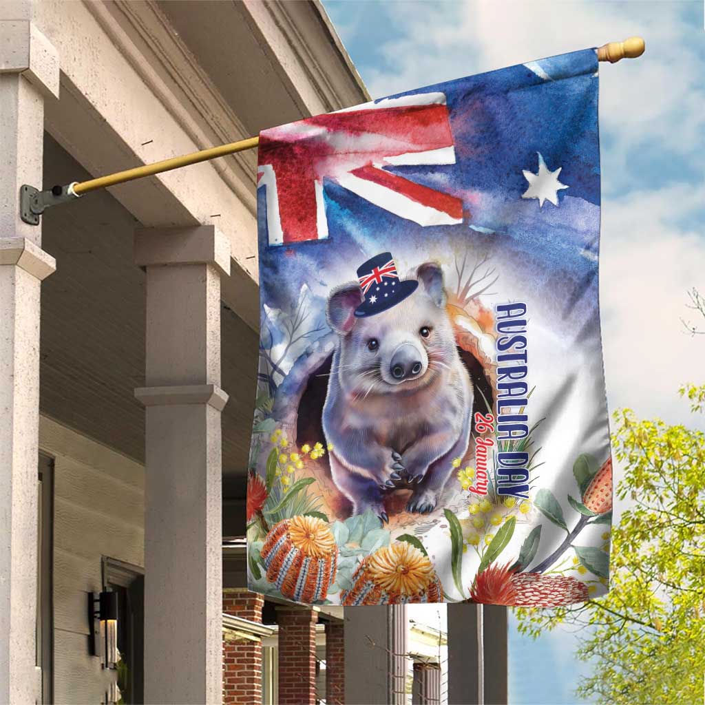 Wombat Australia Day Garden Flag Happy 26 January - Banksia Watercolor - Vibe Hoodie Shop