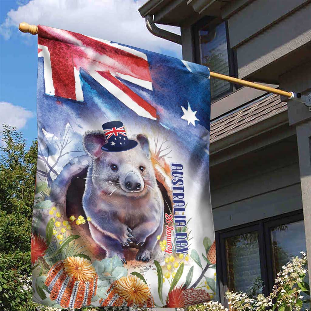 Wombat Australia Day Garden Flag Happy 26 January - Banksia Watercolor - Vibe Hoodie Shop