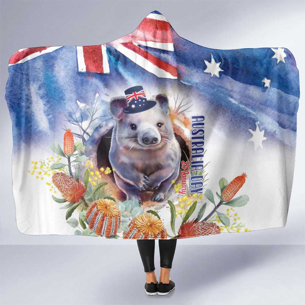 Wombat Australia Day Hooded Blanket Happy 26 January - Banksia Watercolor