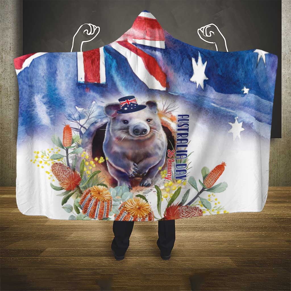 Wombat Australia Day Hooded Blanket Happy 26 January - Banksia Watercolor