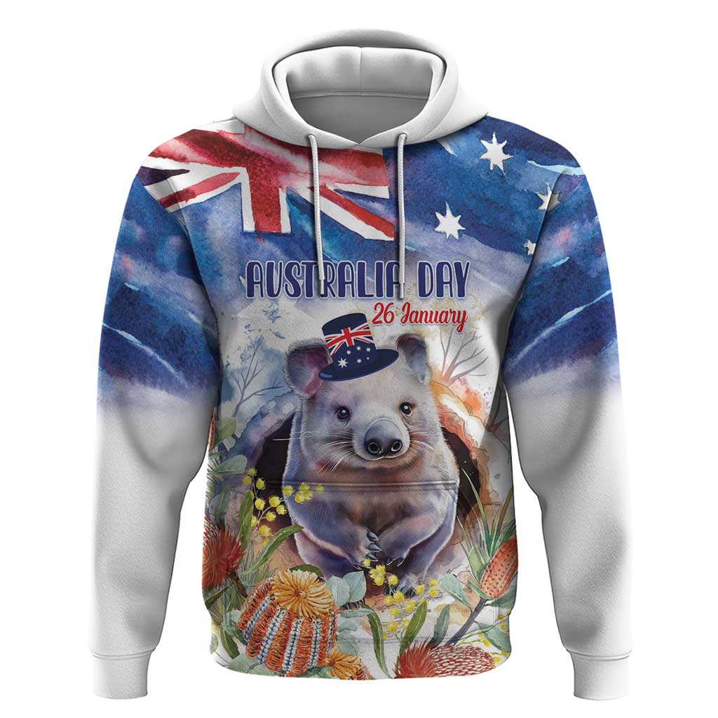 Wombat Australia Day Hoodie Happy 26 January - Banksia Watercolor - Vibe Hoodie Shop