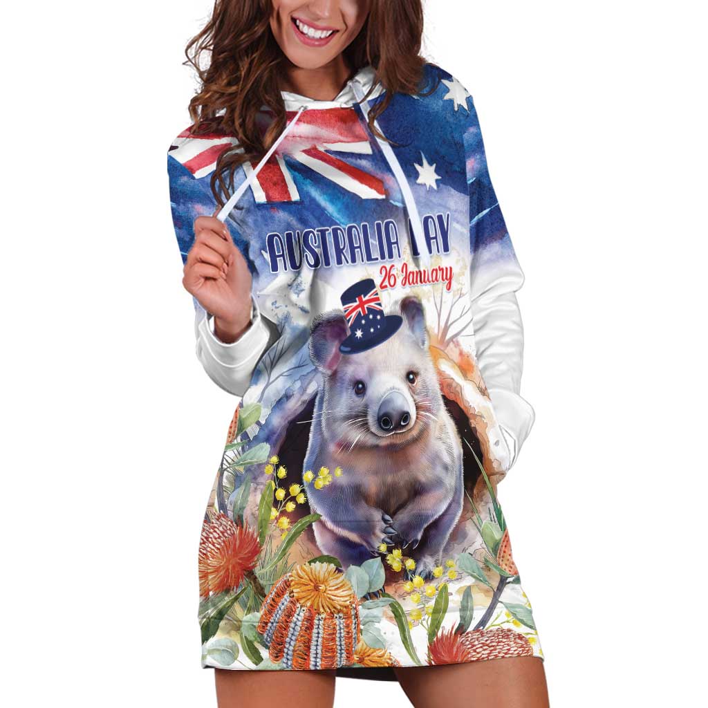 Wombat Australia Day Hoodie Dress Happy 26 January - Banksia Watercolor - Vibe Hoodie Shop