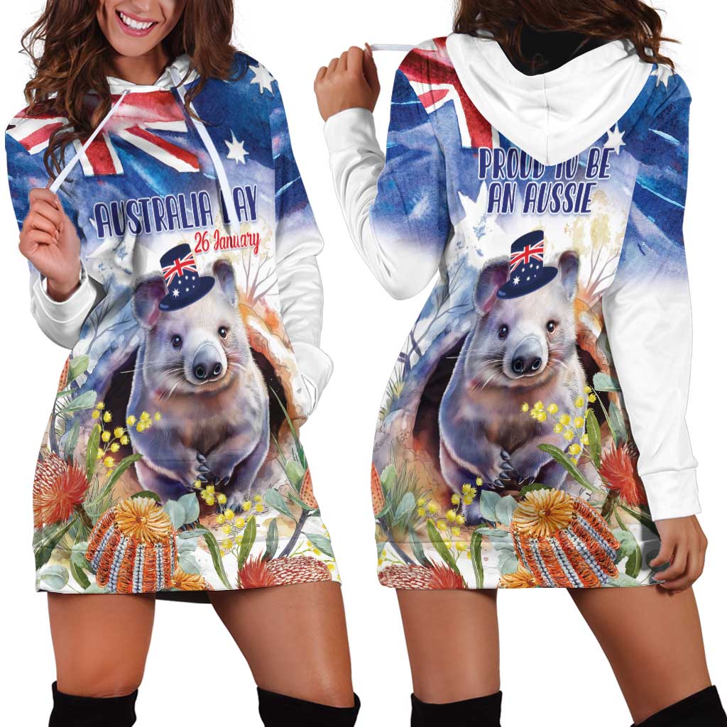 Wombat Australia Day Hoodie Dress Happy 26 January - Banksia Watercolor - Vibe Hoodie Shop