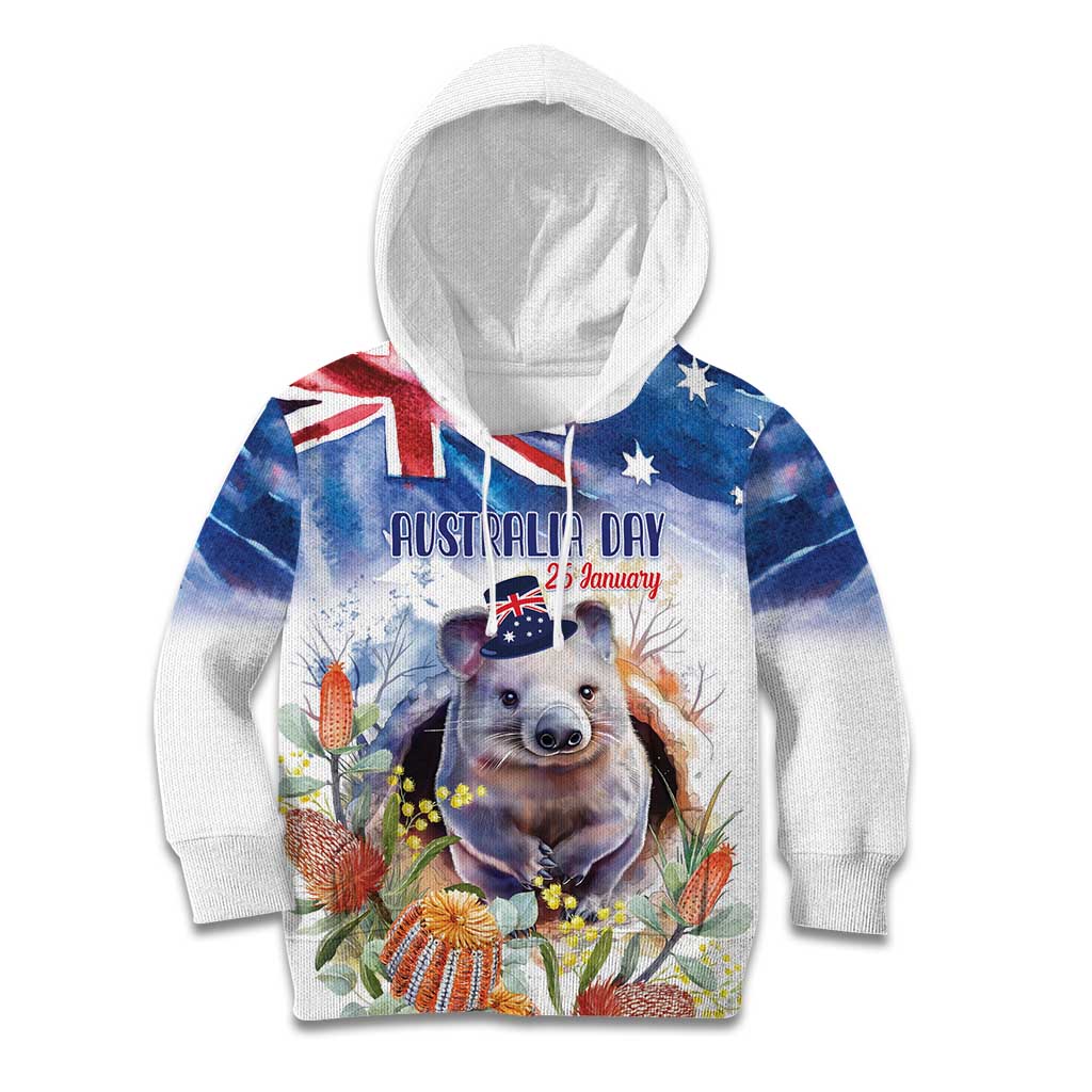 Wombat Australia Day Kid Hoodie Happy 26 January - Banksia Watercolor - Vibe Hoodie Shop