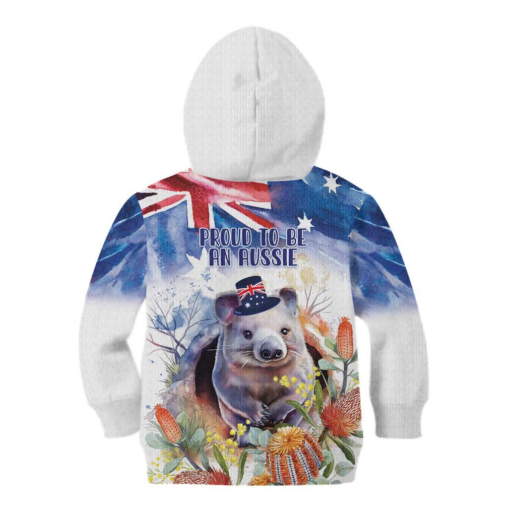 Wombat Australia Day Kid Hoodie Happy 26 January - Banksia Watercolor - Vibe Hoodie Shop