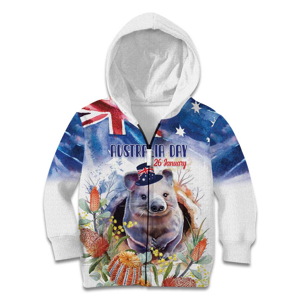 Wombat Australia Day Kid Hoodie Happy 26 January - Banksia Watercolor - Vibe Hoodie Shop