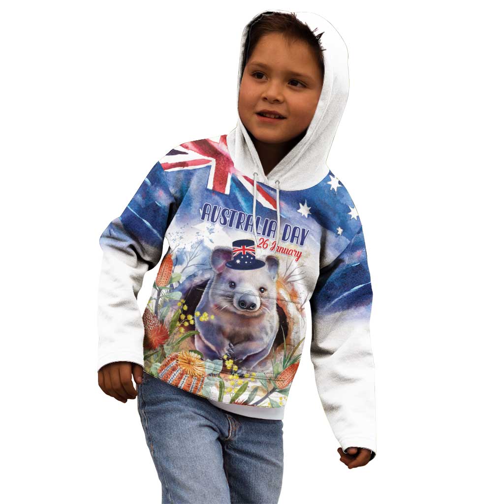 Wombat Australia Day Kid Hoodie Happy 26 January - Banksia Watercolor - Vibe Hoodie Shop