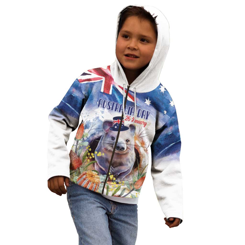 Wombat Australia Day Kid Hoodie Happy 26 January - Banksia Watercolor - Vibe Hoodie Shop