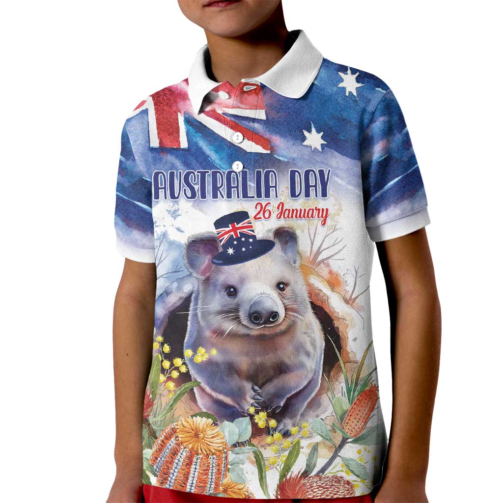 Wombat Australia Day Kid Polo Shirt Happy 26 January - Banksia Watercolor - Vibe Hoodie Shop