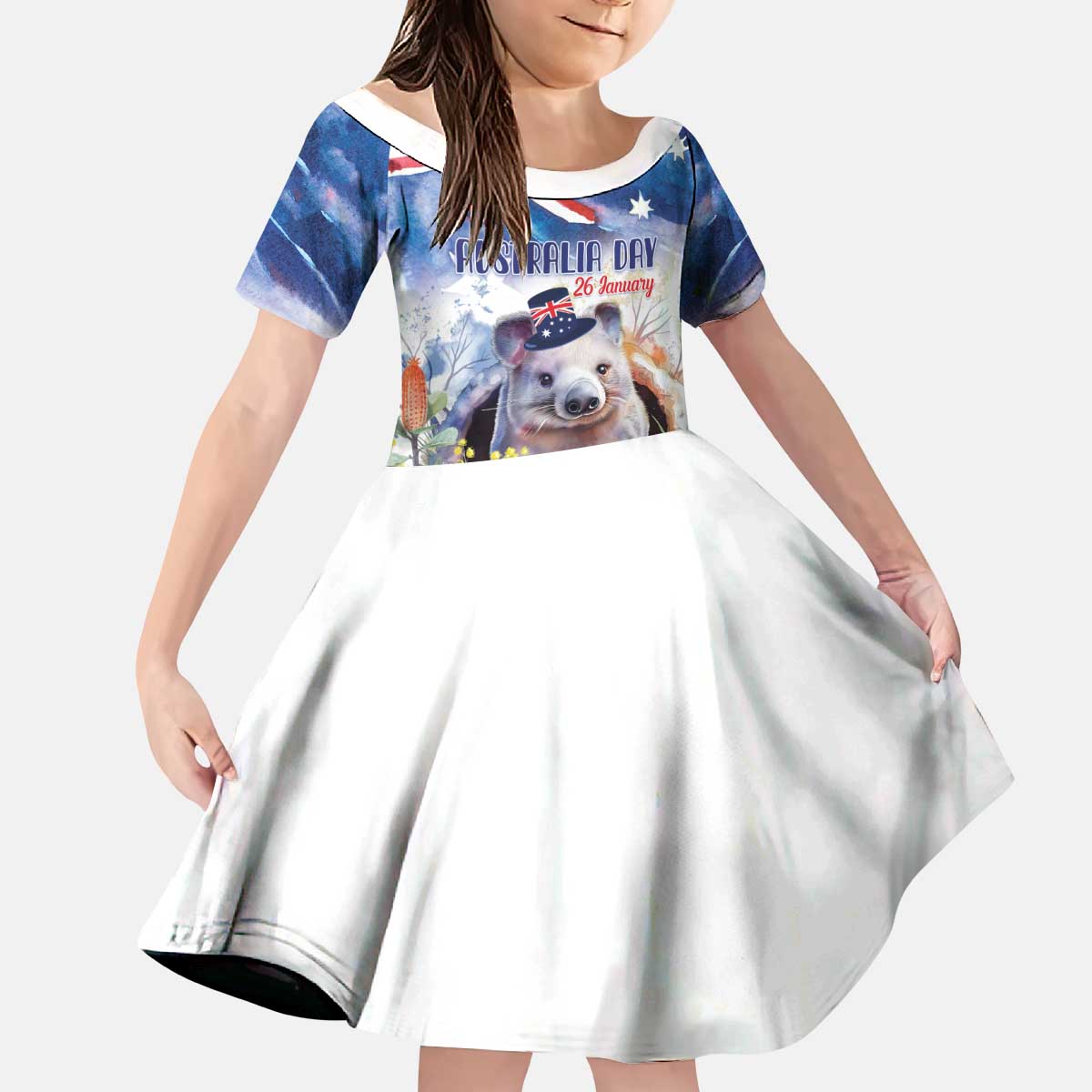 Wombat Australia Day Kid Short Sleeve Dress Happy 26 January - Banksia Watercolor - Vibe Hoodie Shop