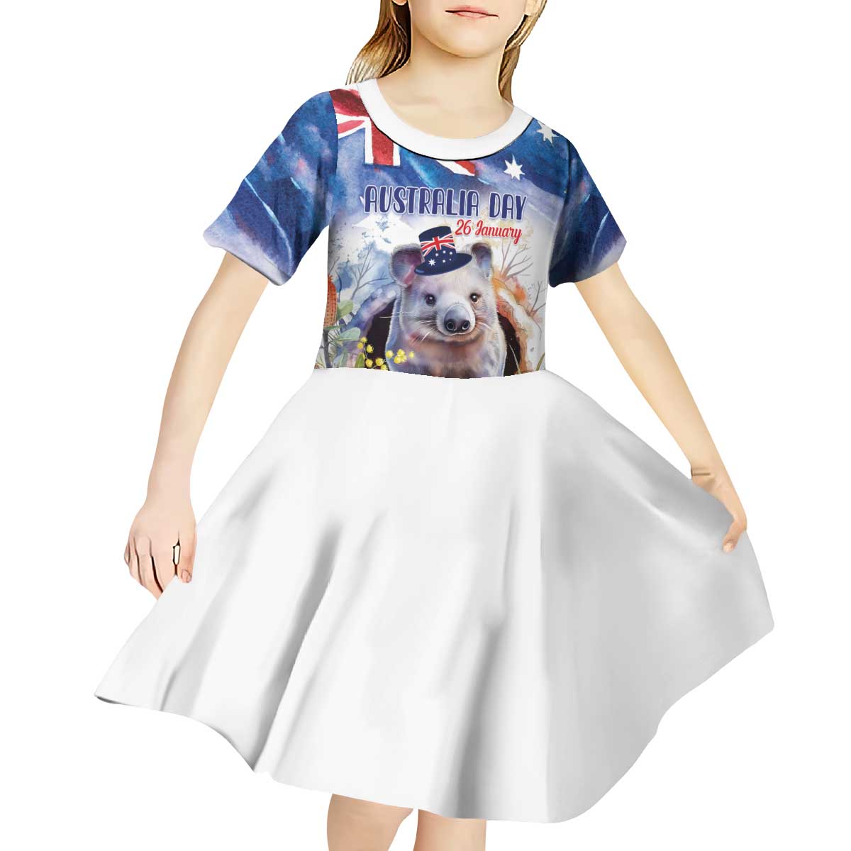 Wombat Australia Day Kid Short Sleeve Dress Happy 26 January - Banksia Watercolor - Vibe Hoodie Shop