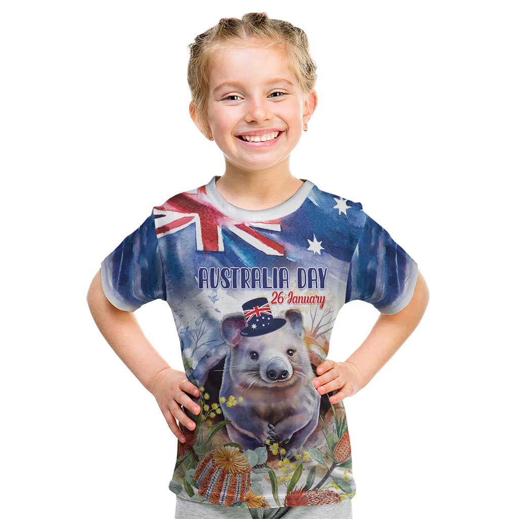 Wombat Australia Day Kid T Shirt Happy 26 January - Banksia Watercolor - Vibe Hoodie Shop