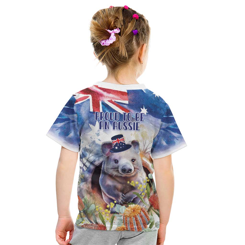 Wombat Australia Day Kid T Shirt Happy 26 January - Banksia Watercolor - Vibe Hoodie Shop