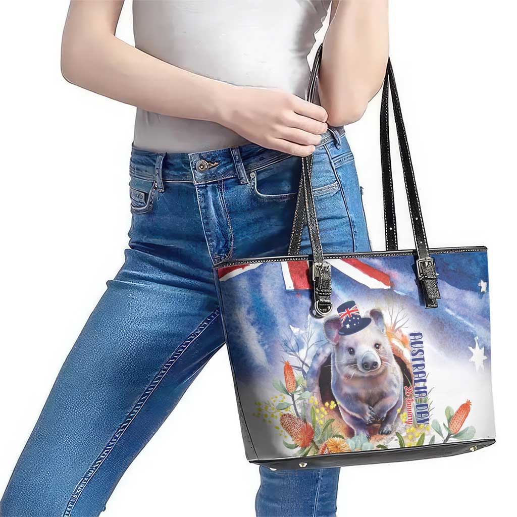 Wombat Australia Day Leather Tote Bag Happy 26 January - Banksia Watercolor