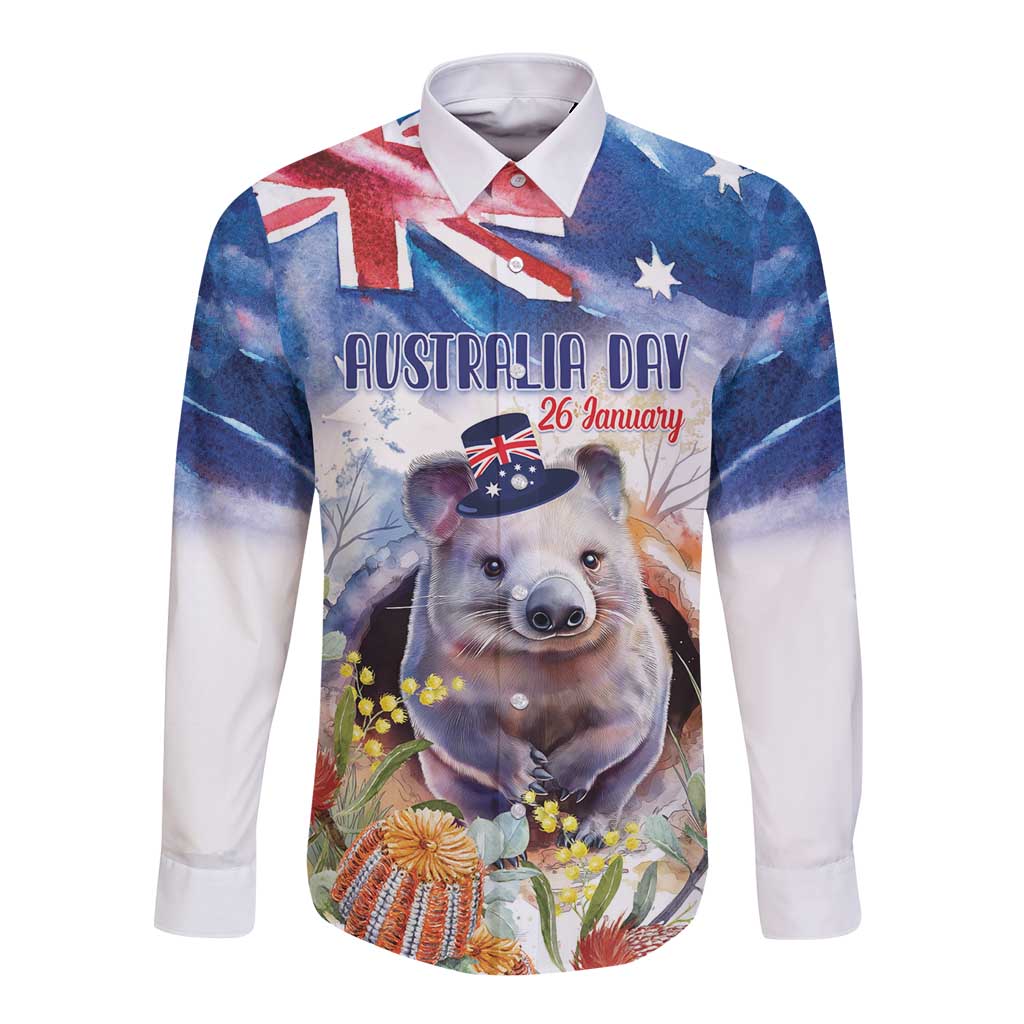 Wombat Australia Day Long Sleeve Button Shirt Happy 26 January - Banksia Watercolor - Vibe Hoodie Shop