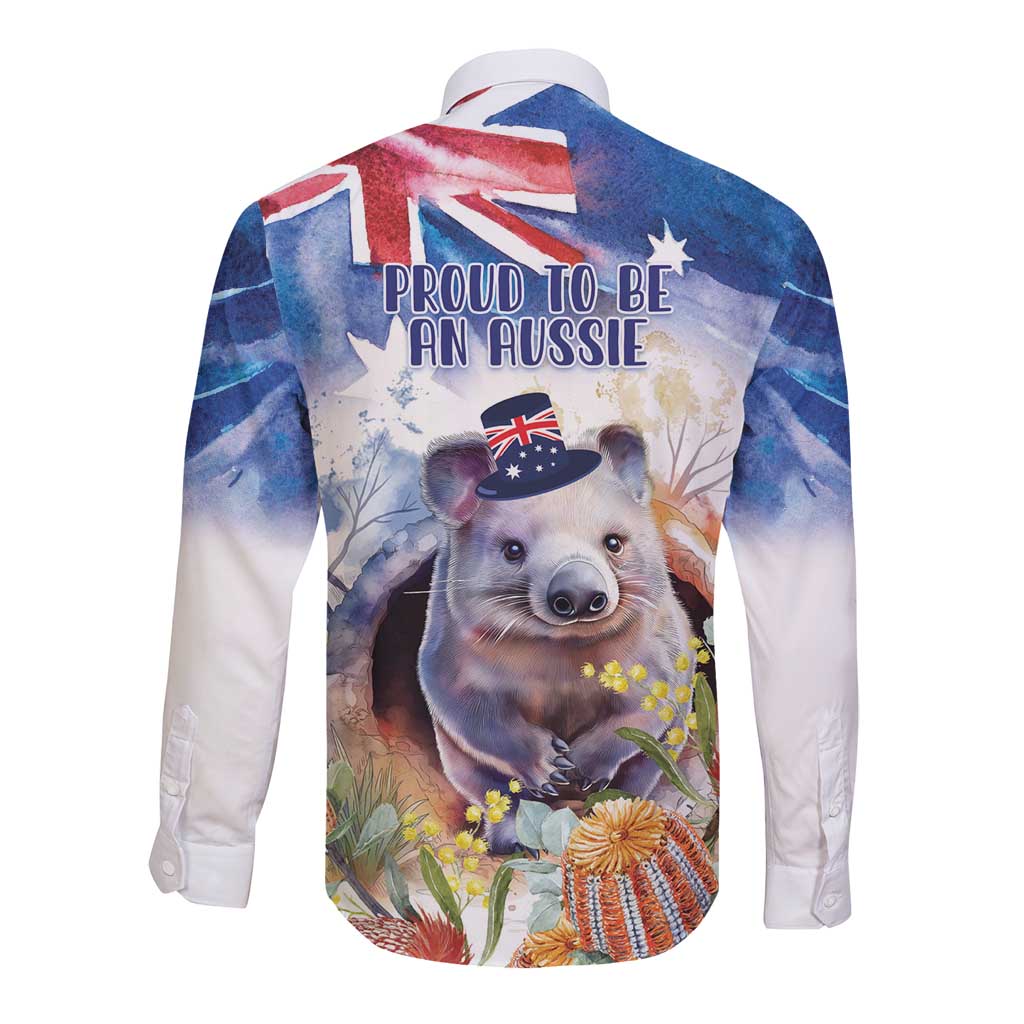 Wombat Australia Day Long Sleeve Button Shirt Happy 26 January - Banksia Watercolor - Vibe Hoodie Shop