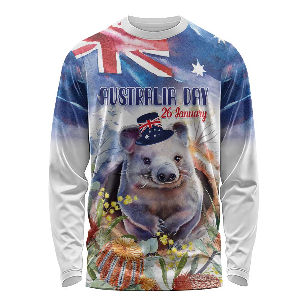 Wombat Australia Day Long Sleeve Shirt Happy 26 January - Banksia Watercolor - Vibe Hoodie Shop