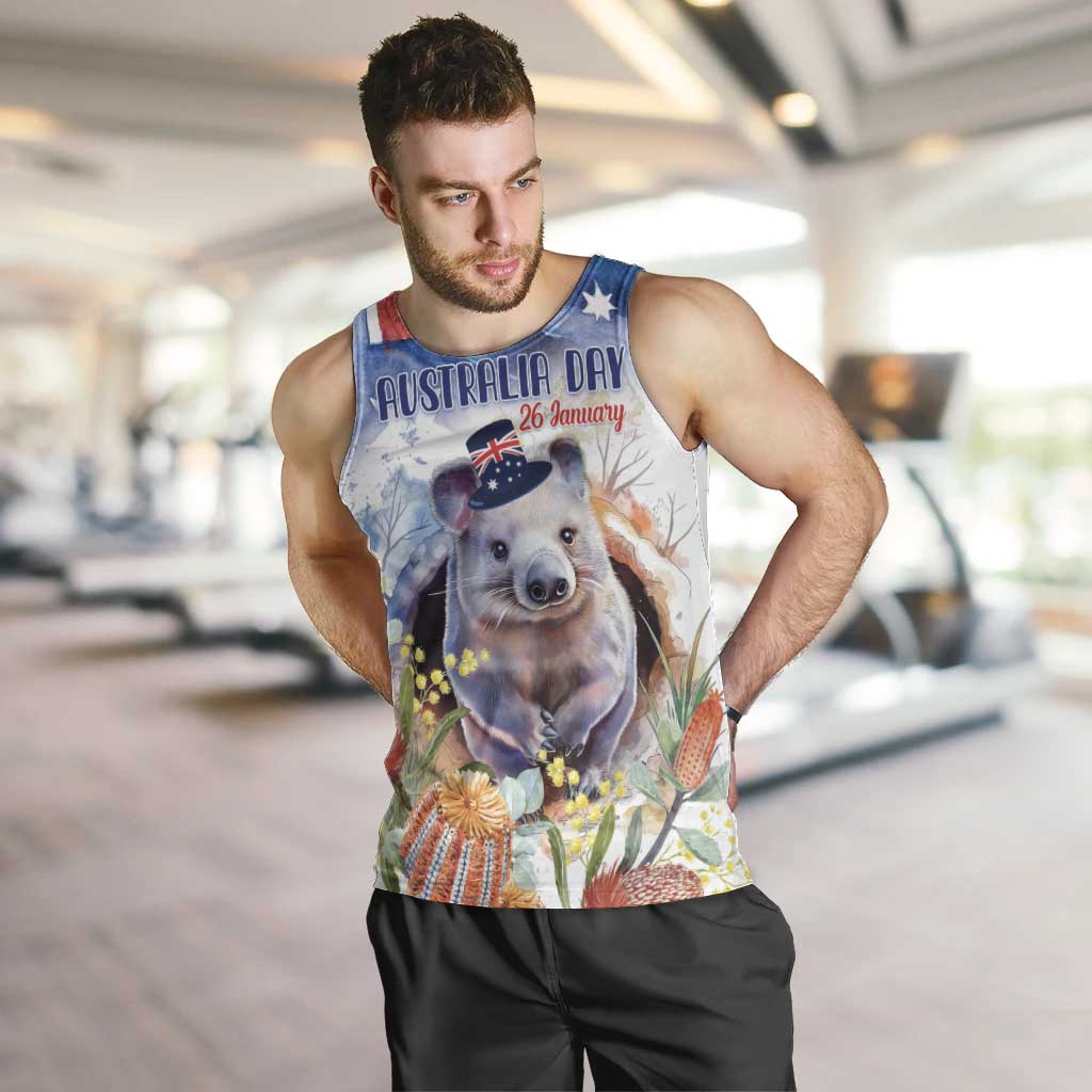 Wombat Australia Day Men Tank Top Happy 26 January - Banksia Watercolor - Vibe Hoodie Shop