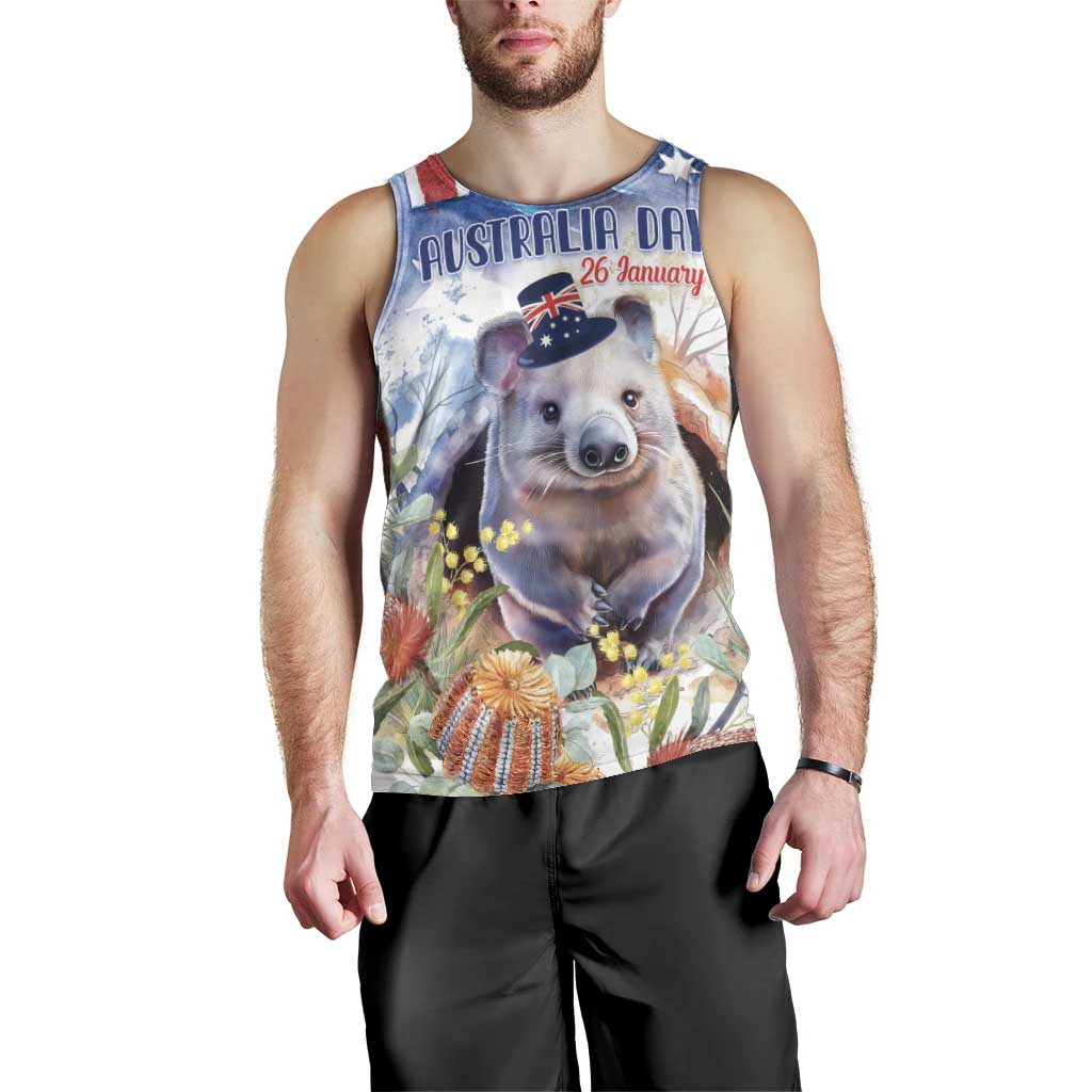 Wombat Australia Day Men Tank Top Happy 26 January - Banksia Watercolor - Vibe Hoodie Shop