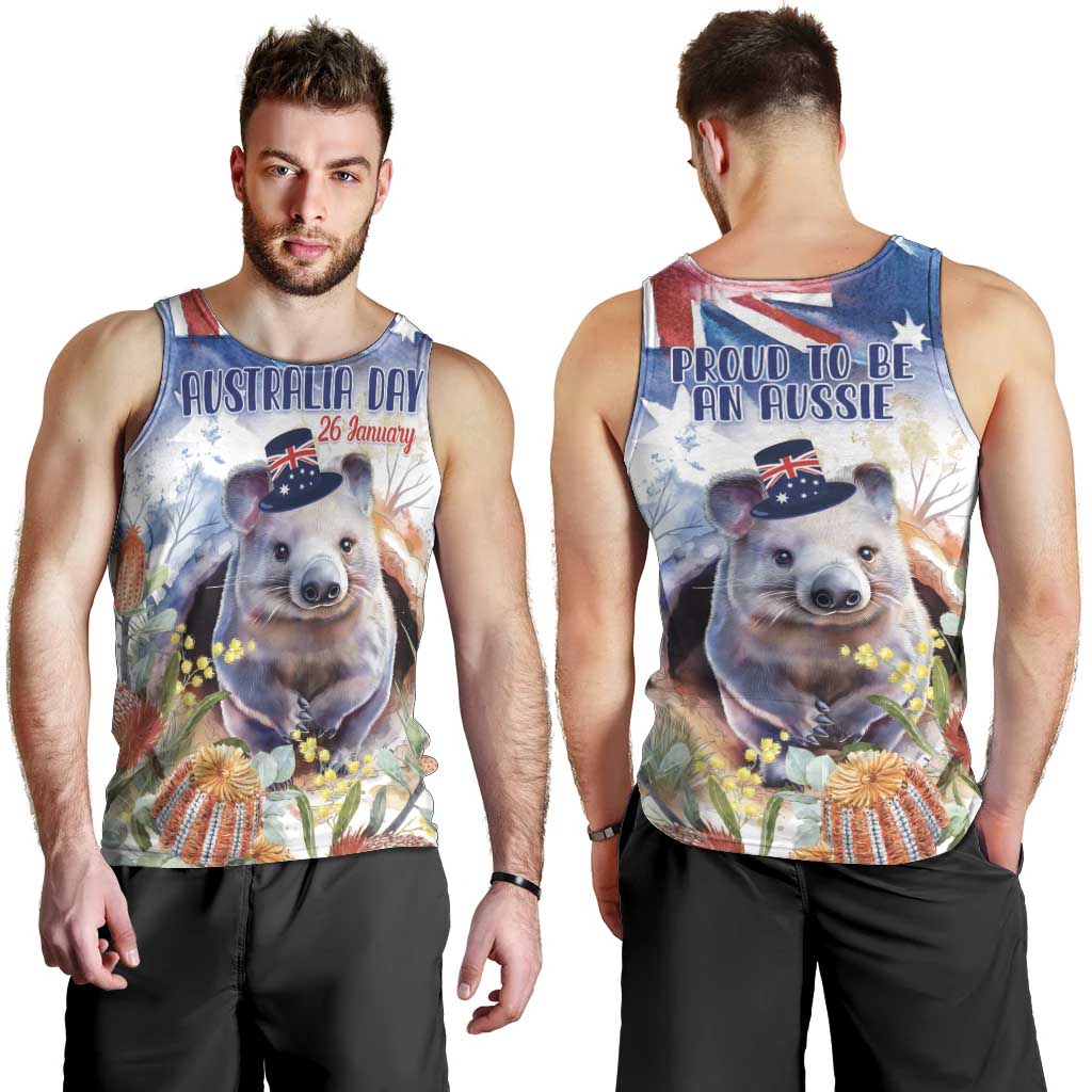 Wombat Australia Day Men Tank Top Happy 26 January - Banksia Watercolor - Vibe Hoodie Shop