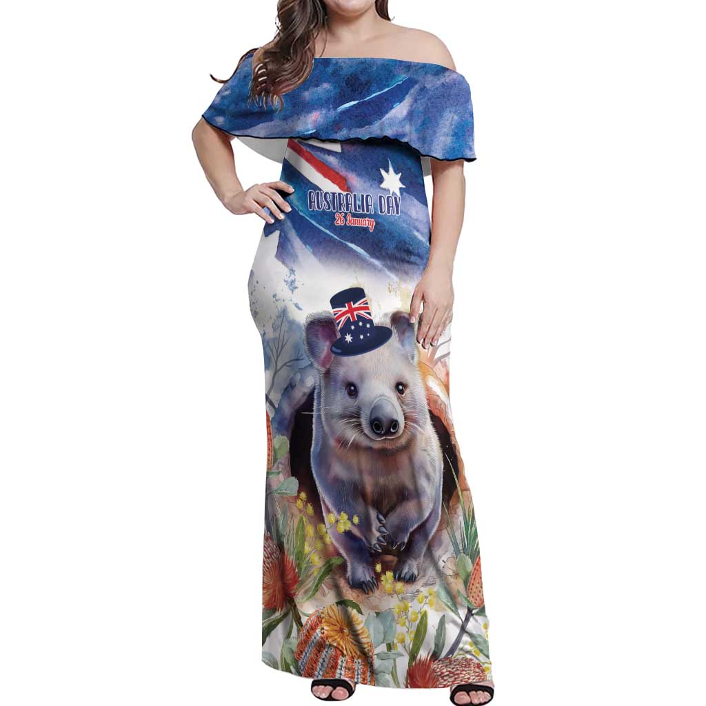 Wombat Australia Day Off Shoulder Maxi Dress Happy 26 January - Banksia Watercolor