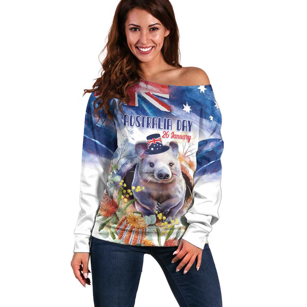 Wombat Australia Day Off Shoulder Sweater Happy 26 January - Banksia Watercolor - Vibe Hoodie Shop