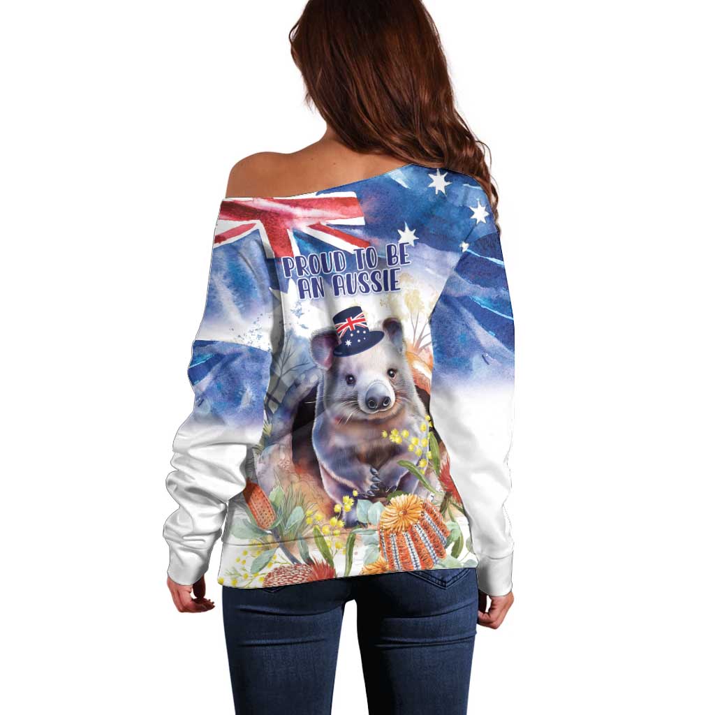 Wombat Australia Day Off Shoulder Sweater Happy 26 January - Banksia Watercolor - Vibe Hoodie Shop