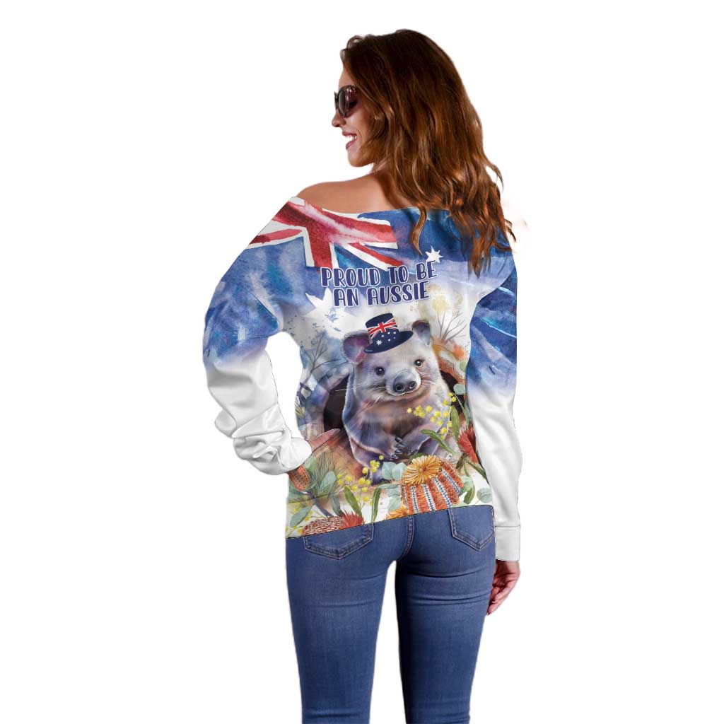 Wombat Australia Day Off Shoulder Sweater Happy 26 January - Banksia Watercolor - Vibe Hoodie Shop