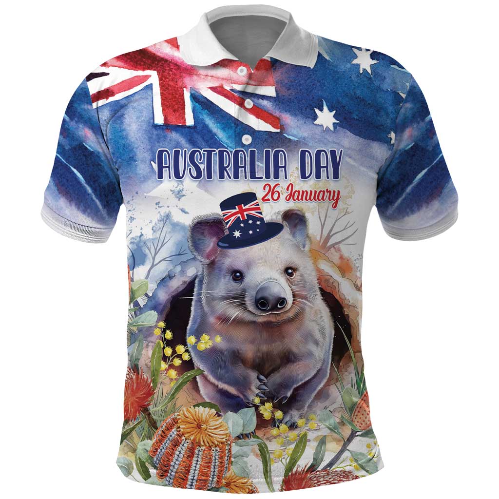 Wombat Australia Day Polo Shirt Happy 26 January - Banksia Watercolor - Vibe Hoodie Shop