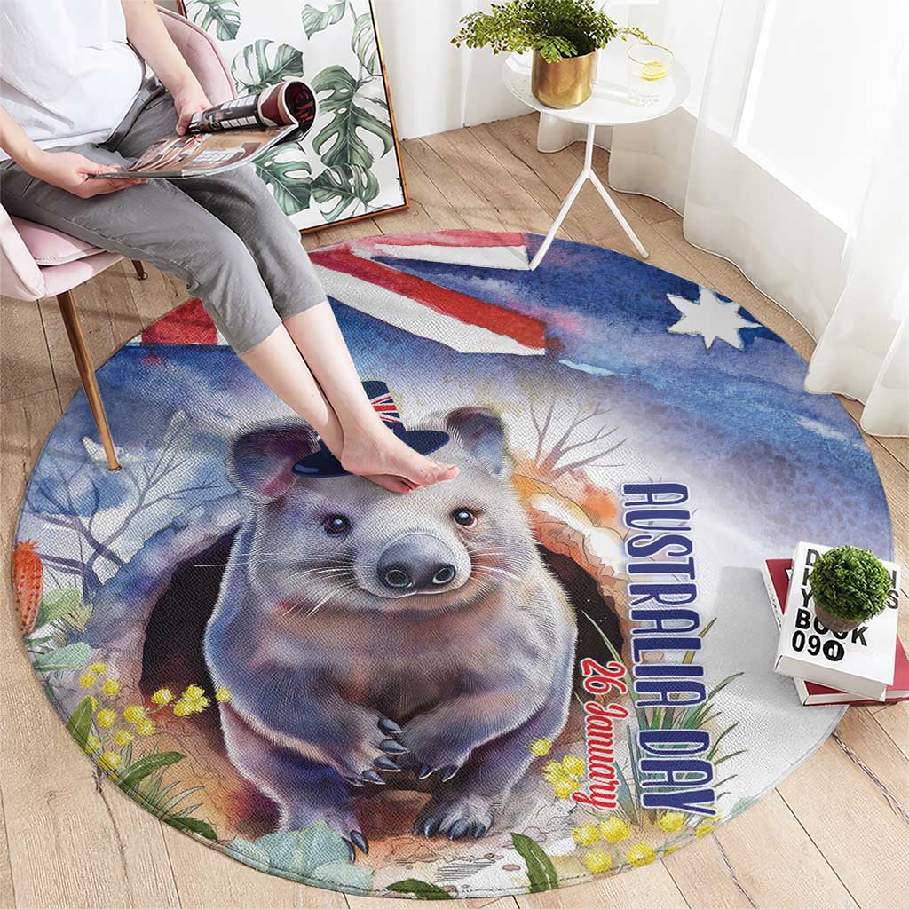 Wombat Australia Day Round Carpet Happy 26 January - Banksia Watercolor