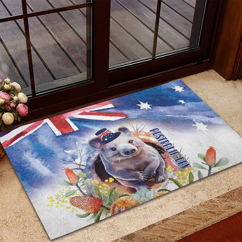 Wombat Australia Day Rubber Doormat Happy 26 January - Banksia Watercolor