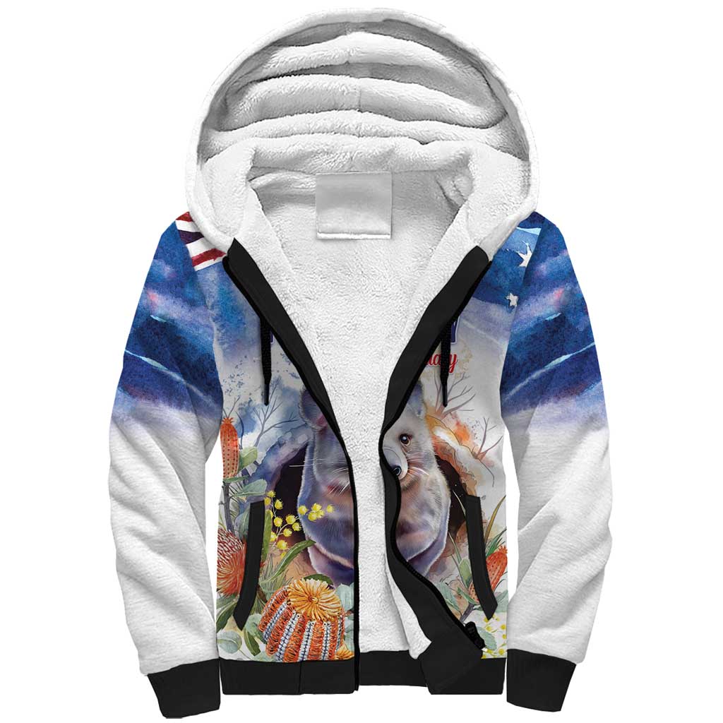 Wombat Australia Day Sherpa Hoodie Happy 26 January - Banksia Watercolor - Vibe Hoodie Shop