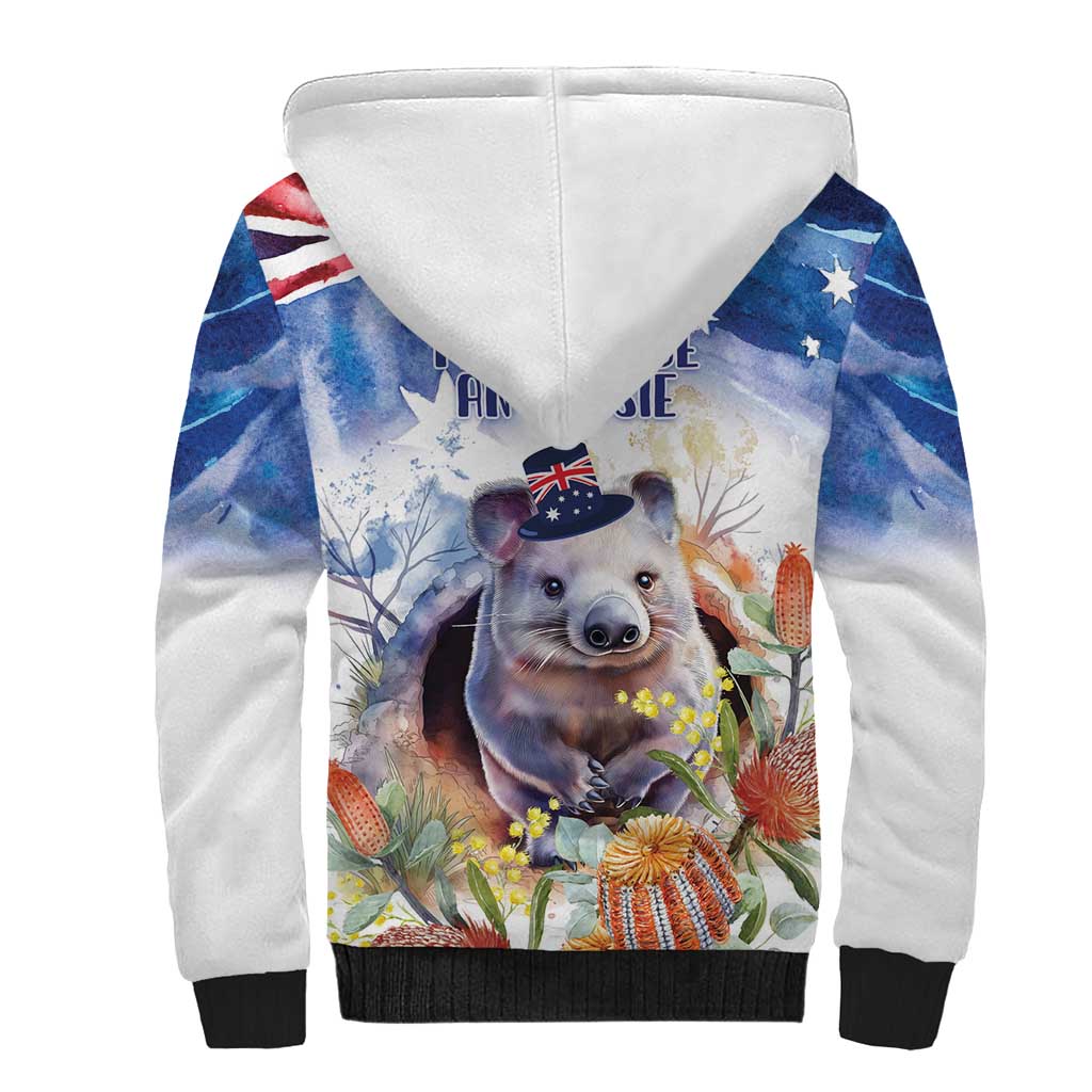 Wombat Australia Day Sherpa Hoodie Happy 26 January - Banksia Watercolor - Vibe Hoodie Shop