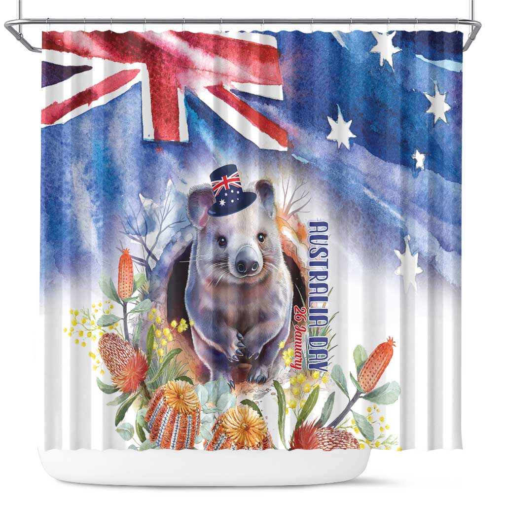 Wombat Australia Day Shower Curtain Happy 26 January - Banksia Watercolor