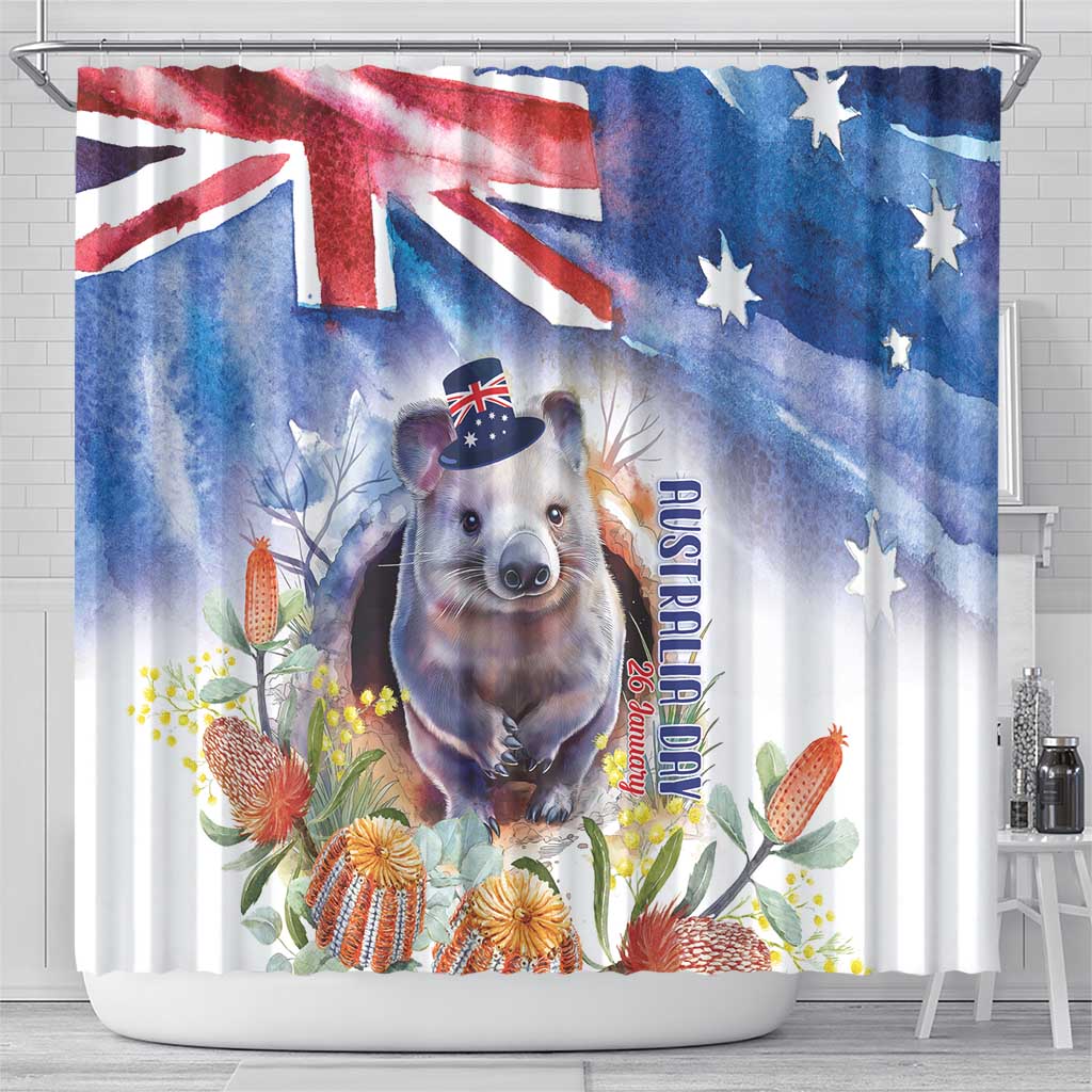 Wombat Australia Day Shower Curtain Happy 26 January - Banksia Watercolor