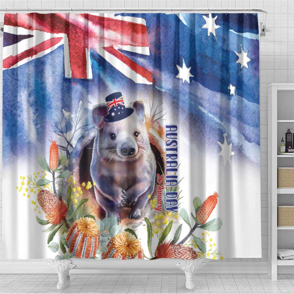 Wombat Australia Day Shower Curtain Happy 26 January - Banksia Watercolor