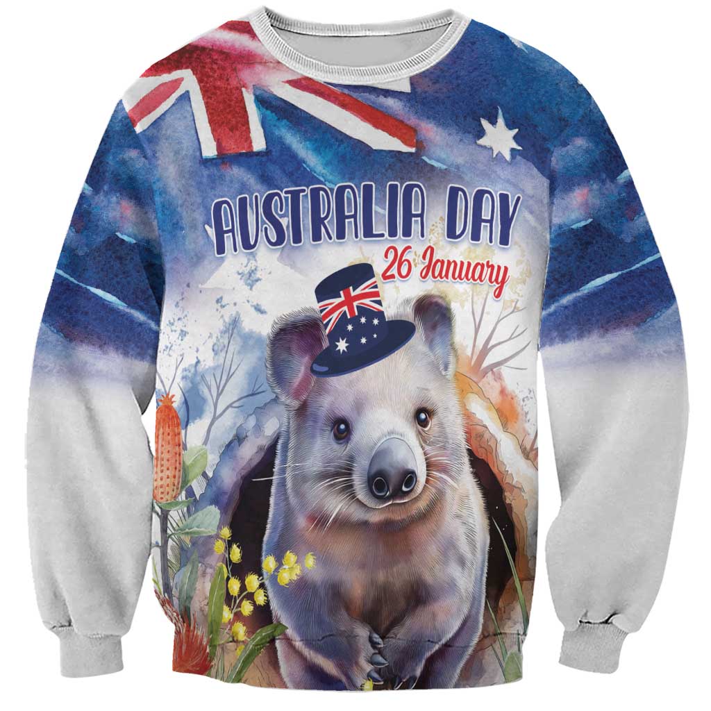 Wombat Australia Day Sweatshirt Happy 26 January - Banksia Watercolor - Vibe Hoodie Shop