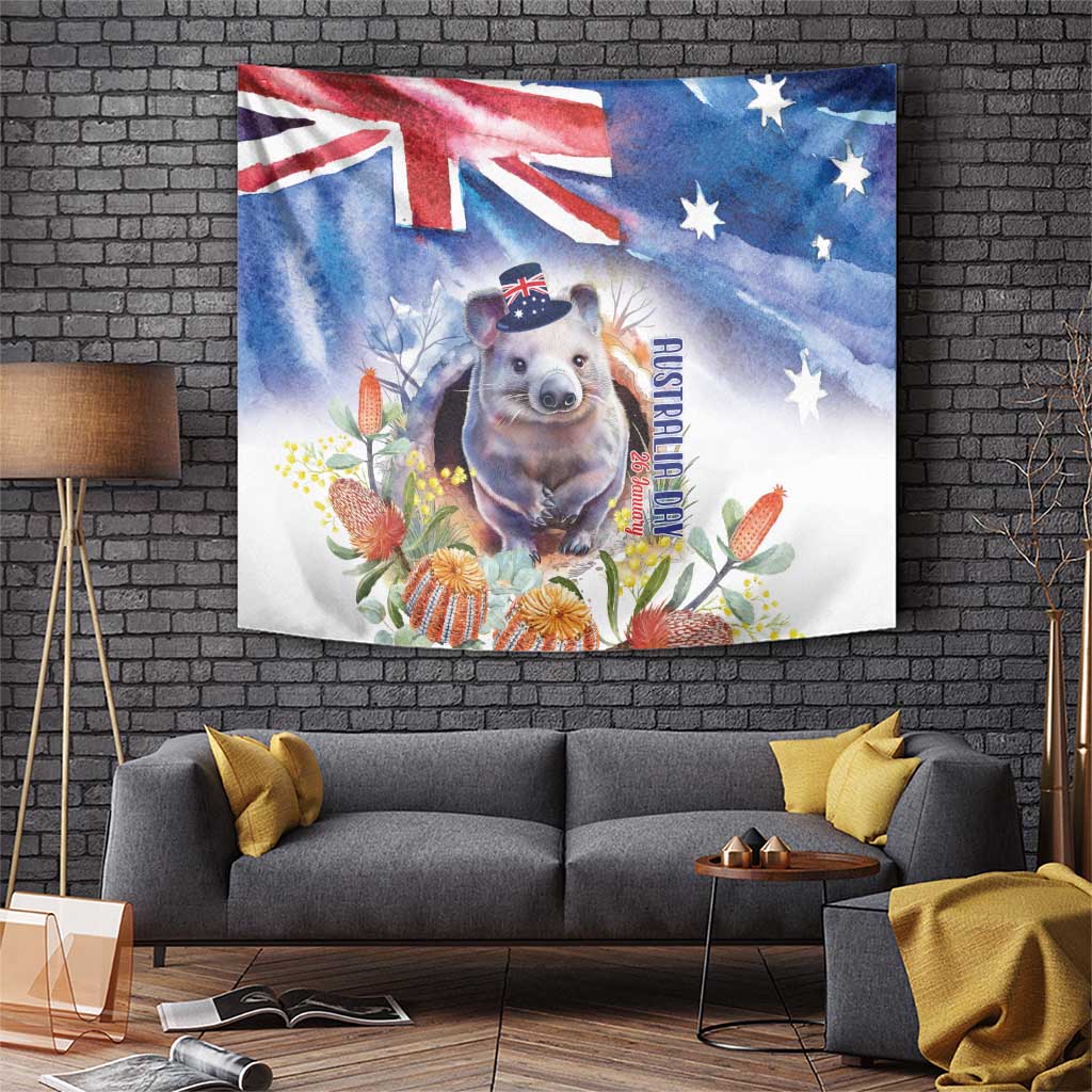 Wombat Australia Day Tapestry Happy 26 January - Banksia Watercolor - Vibe Hoodie Shop