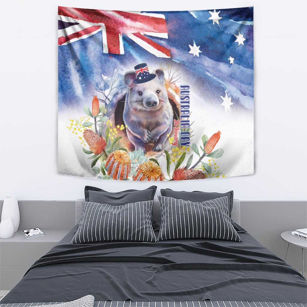 Wombat Australia Day Tapestry Happy 26 January - Banksia Watercolor - Vibe Hoodie Shop