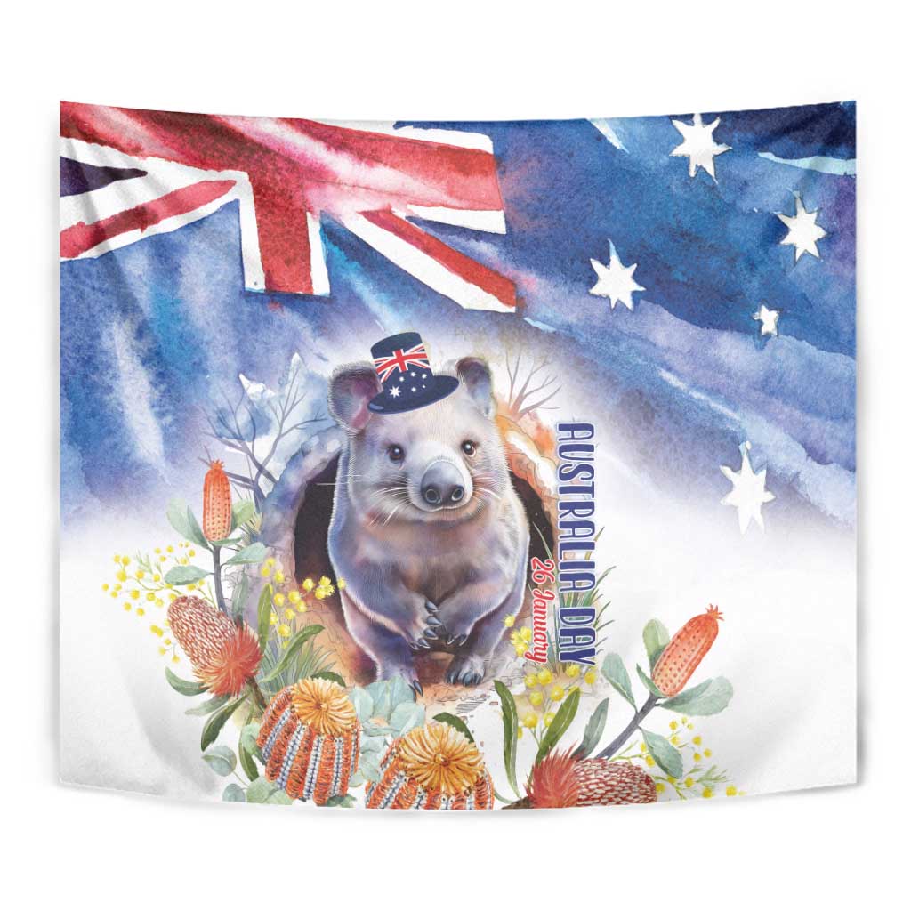 Wombat Australia Day Tapestry Happy 26 January - Banksia Watercolor - Vibe Hoodie Shop