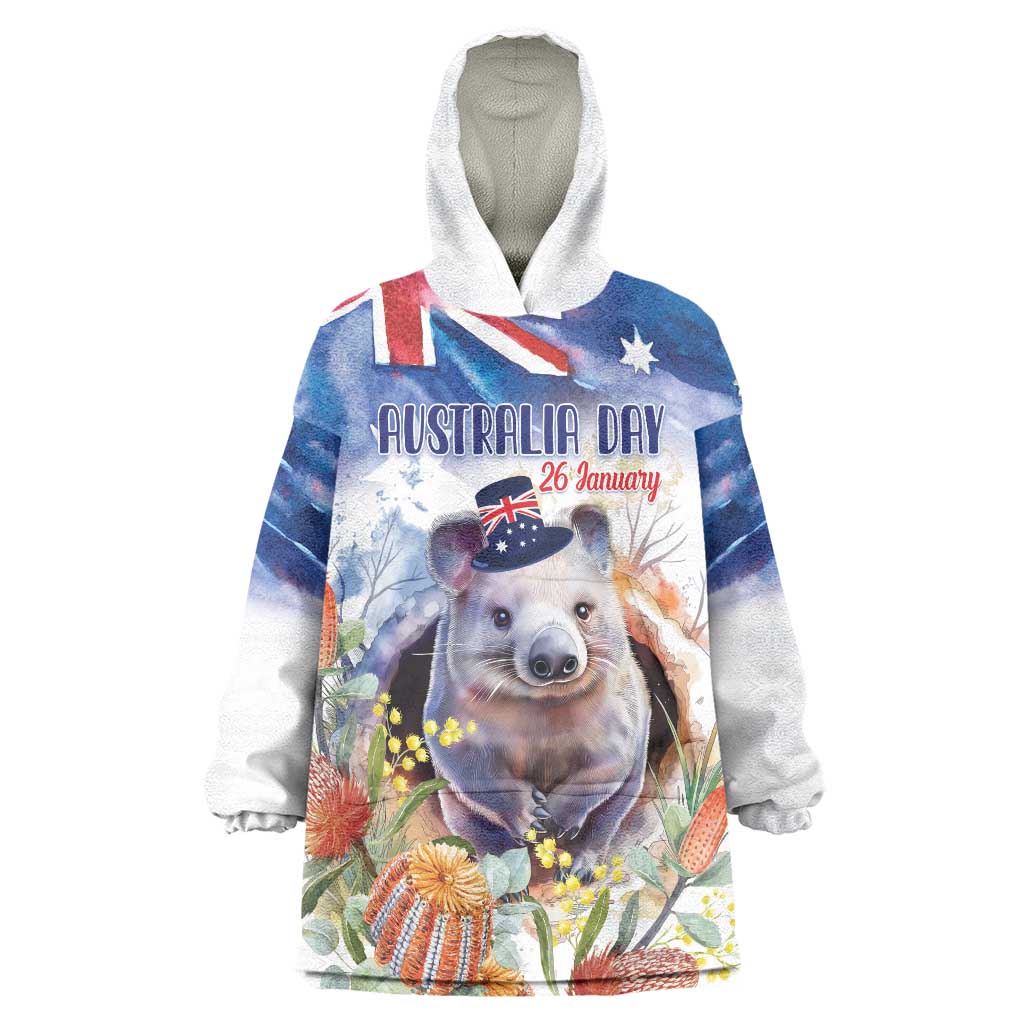 Wombat Australia Day Wearable Blanket Hoodie Happy 26 January - Banksia Watercolor - Vibe Hoodie Shop