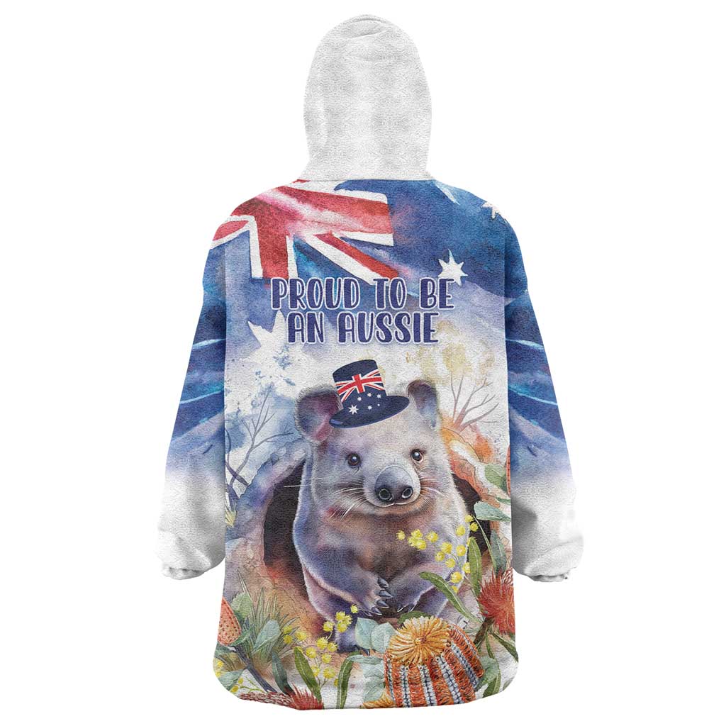 Wombat Australia Day Wearable Blanket Hoodie Happy 26 January - Banksia Watercolor - Vibe Hoodie Shop