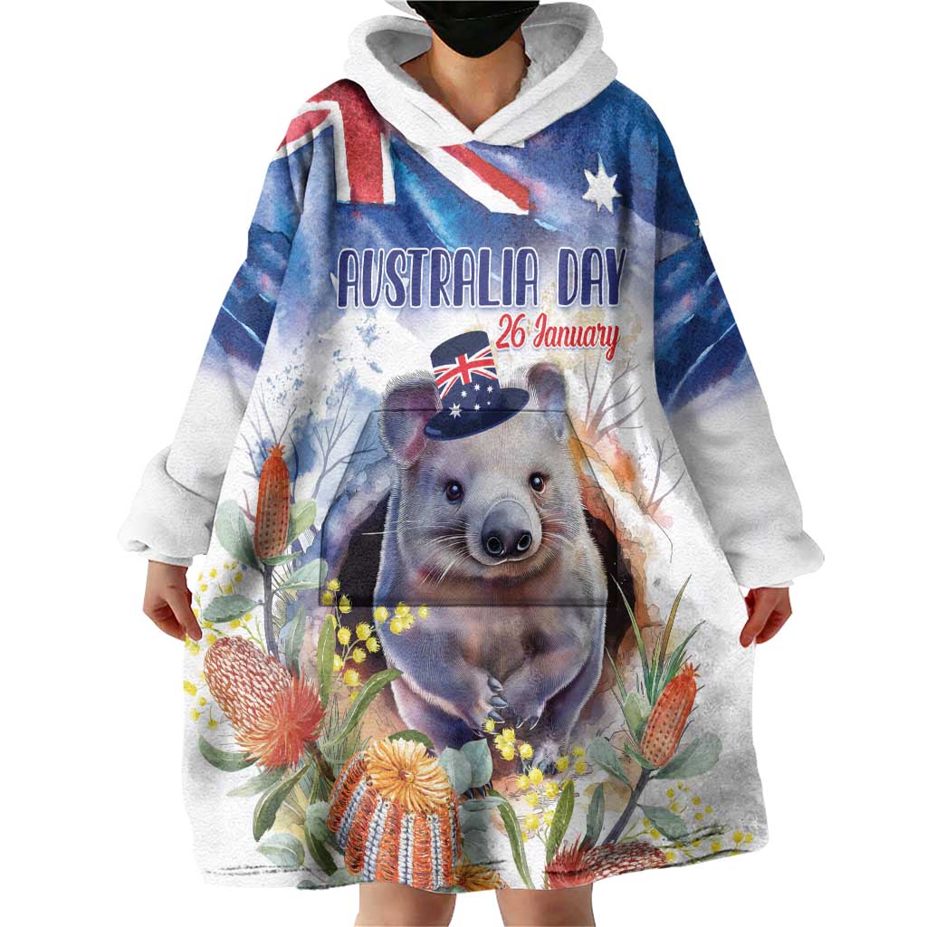 Wombat Australia Day Wearable Blanket Hoodie Happy 26 January - Banksia Watercolor - Vibe Hoodie Shop