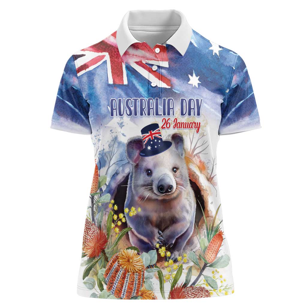 Wombat Australia Day Women Polo Shirt Happy 26 January - Banksia Watercolor - Vibe Hoodie Shop