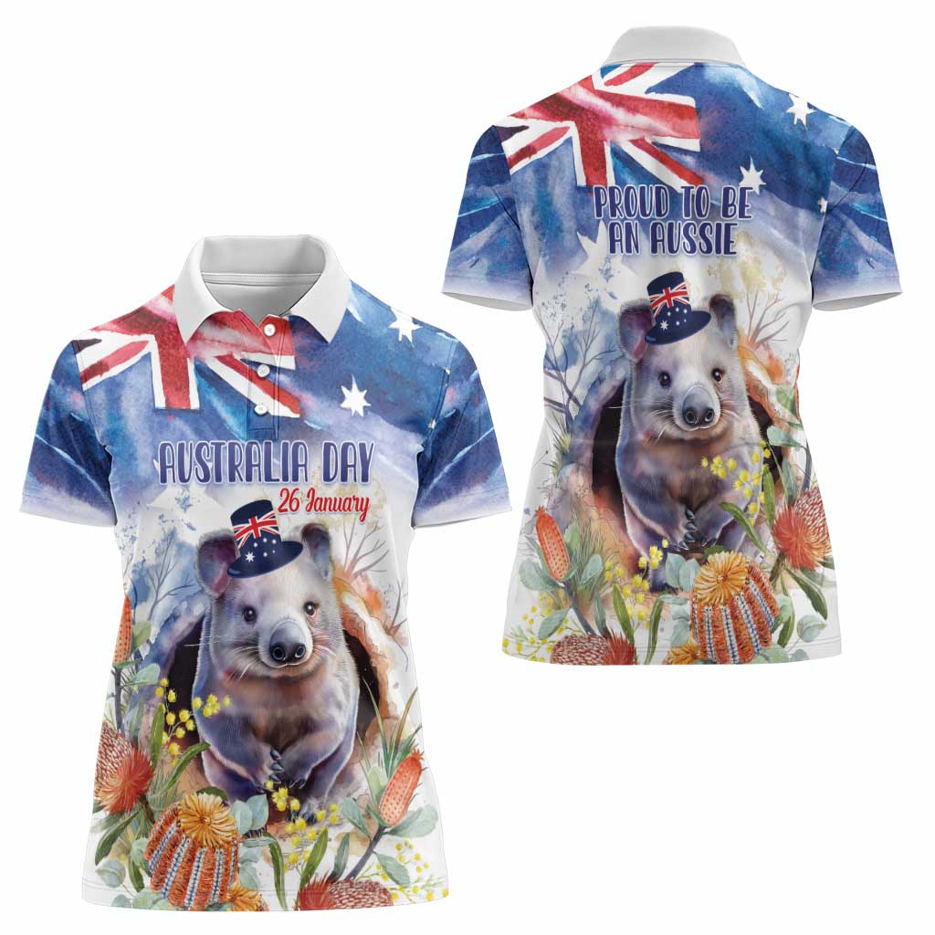 Wombat Australia Day Women Polo Shirt Happy 26 January - Banksia Watercolor - Vibe Hoodie Shop