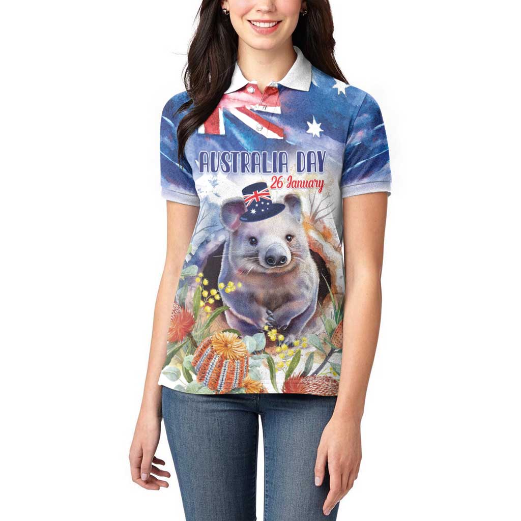 Wombat Australia Day Women Polo Shirt Happy 26 January - Banksia Watercolor - Vibe Hoodie Shop