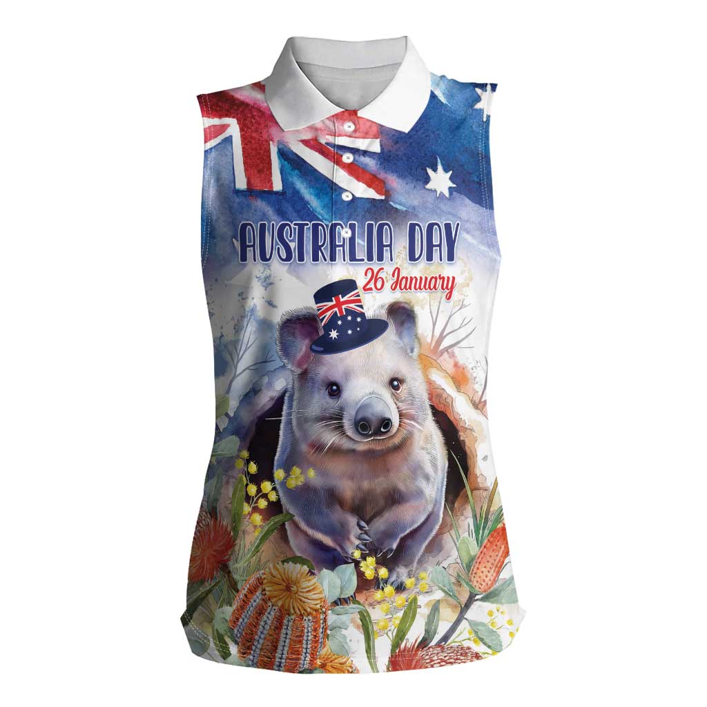 Wombat Australia Day Women Sleeveless Polo Shirt Happy 26 January - Banksia Watercolor