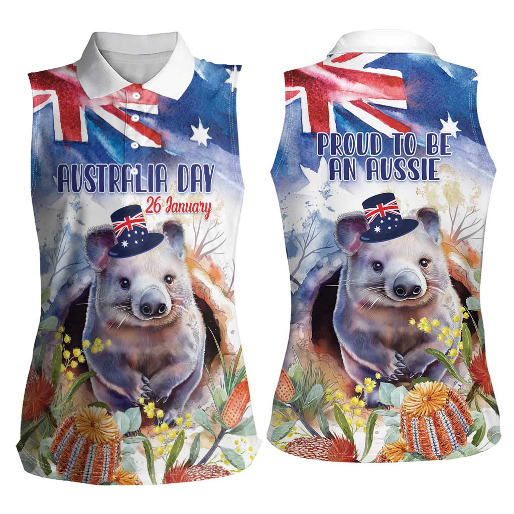 Wombat Australia Day Women Sleeveless Polo Shirt Happy 26 January - Banksia Watercolor