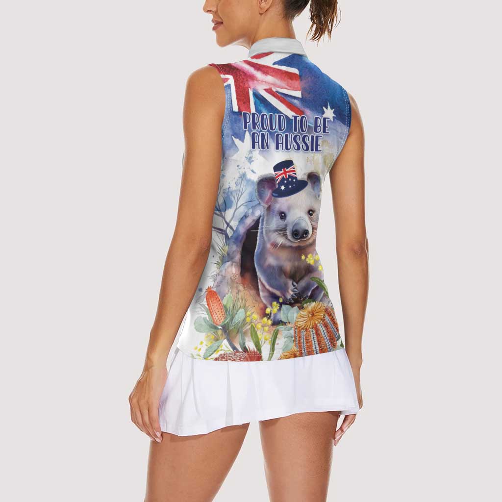 Wombat Australia Day Women Sleeveless Polo Shirt Happy 26 January - Banksia Watercolor