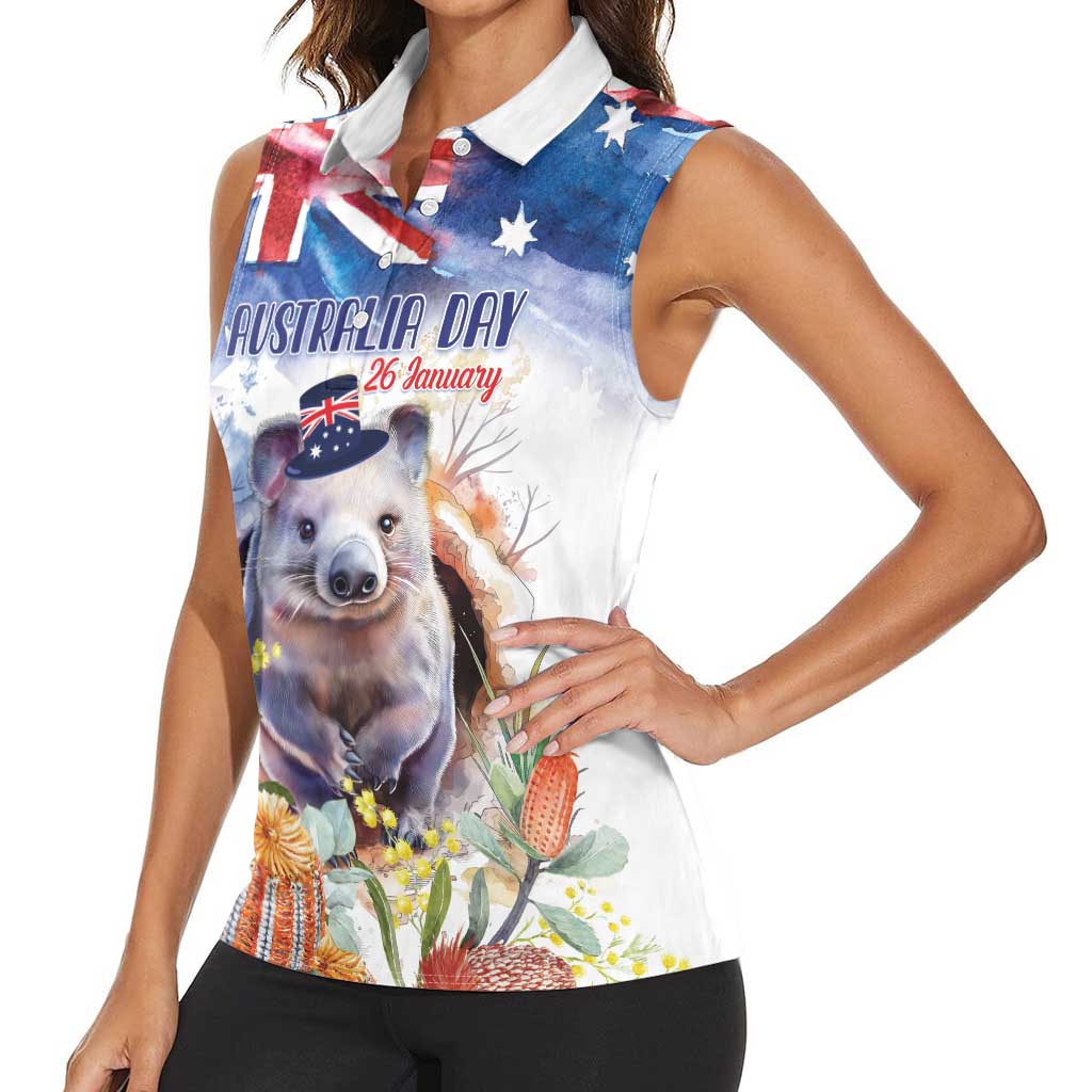 Wombat Australia Day Women Sleeveless Polo Shirt Happy 26 January - Banksia Watercolor